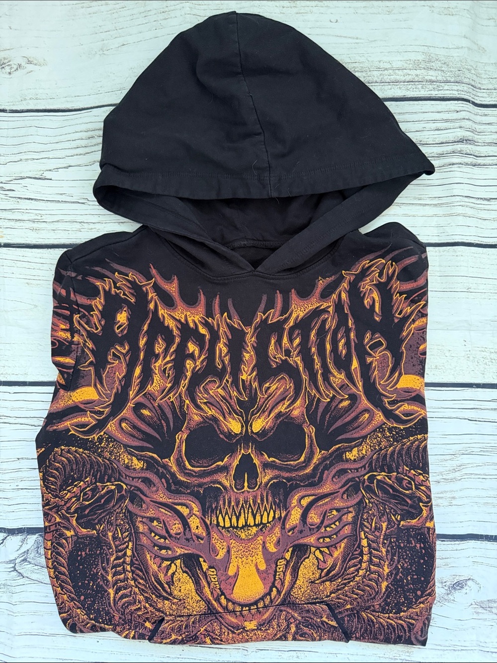 ♡ Affliction Black Women’s Hoodie with Fiery Skull Graphic S